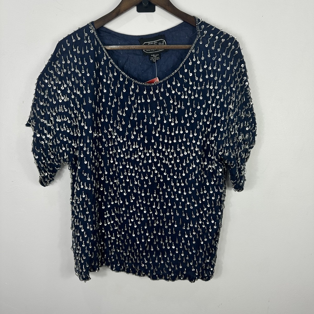 Vintage Joseph Le Bon Shirt Womens Medium Pure Silk Sequin Beaded 90s Glam Party